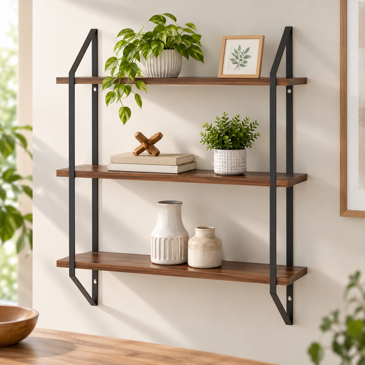 3-Tier Walnut Wall Display Shelf