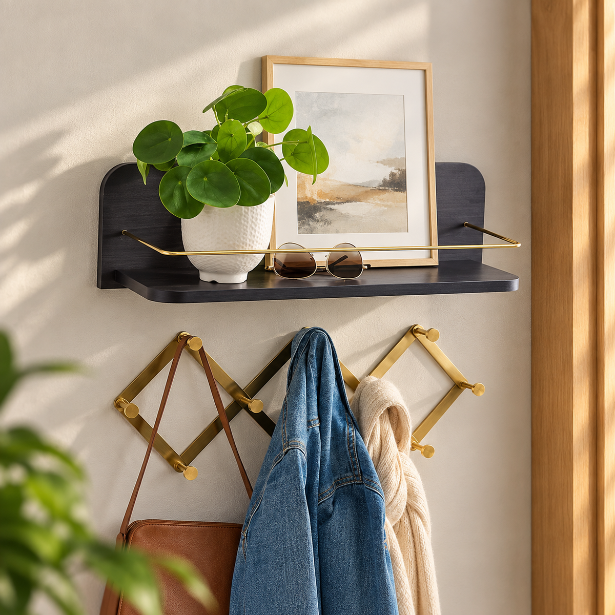 Modern Black Wall Shelf with Gold Rail