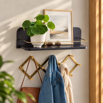 Modern Black Wall Shelf with Gold Rail