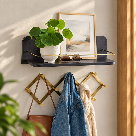 Modern Black Wall Shelf with Gold Rail