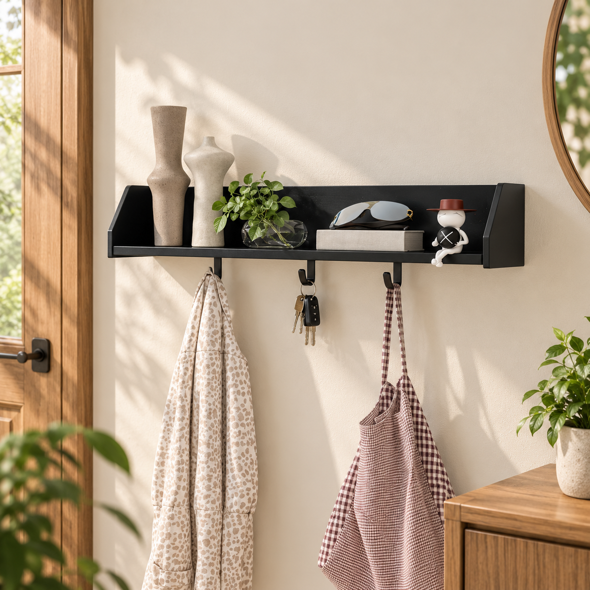28-Inch Floating Wall Shelf with 3 Hooks