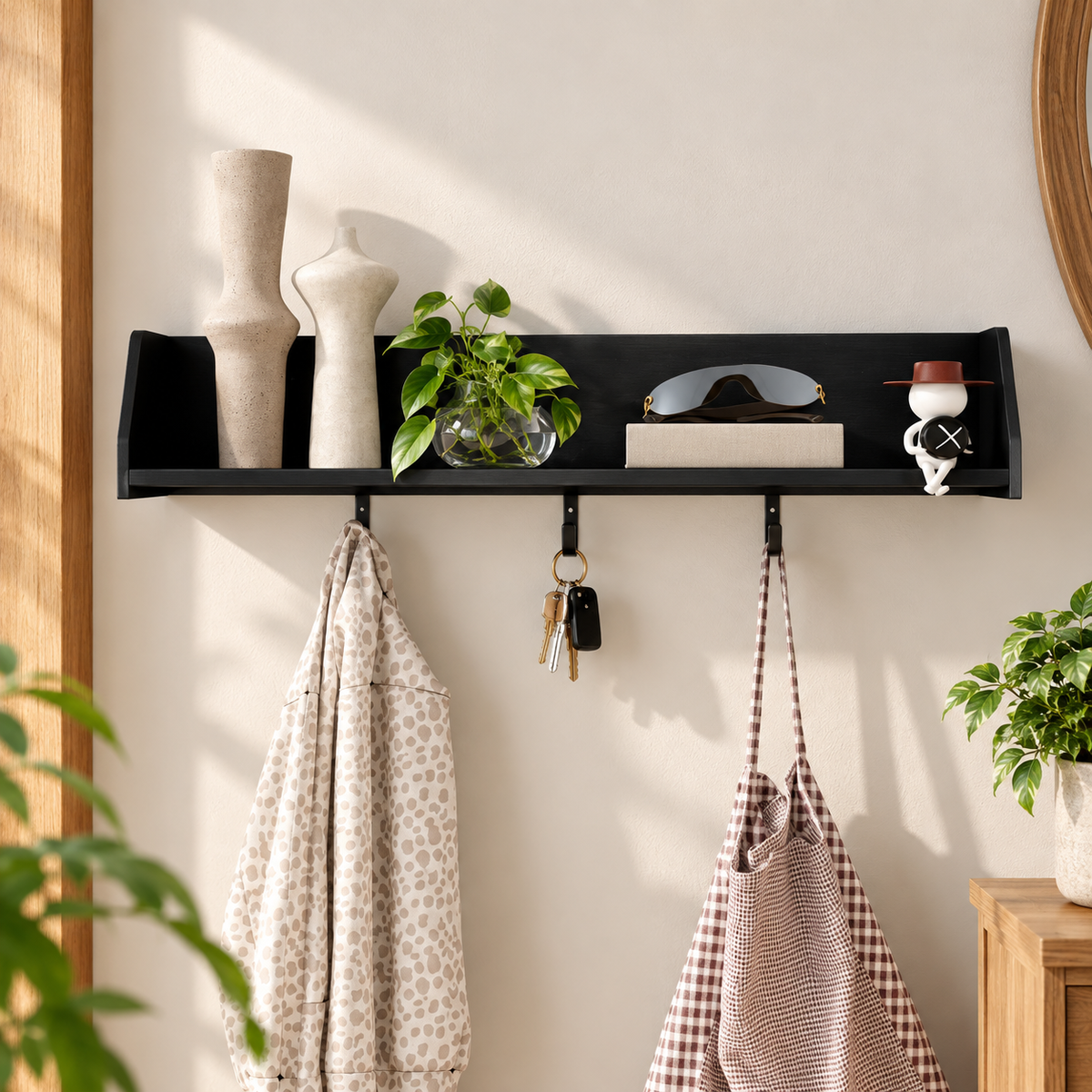 28-Inch Floating Wall Shelf with 3 Hooks