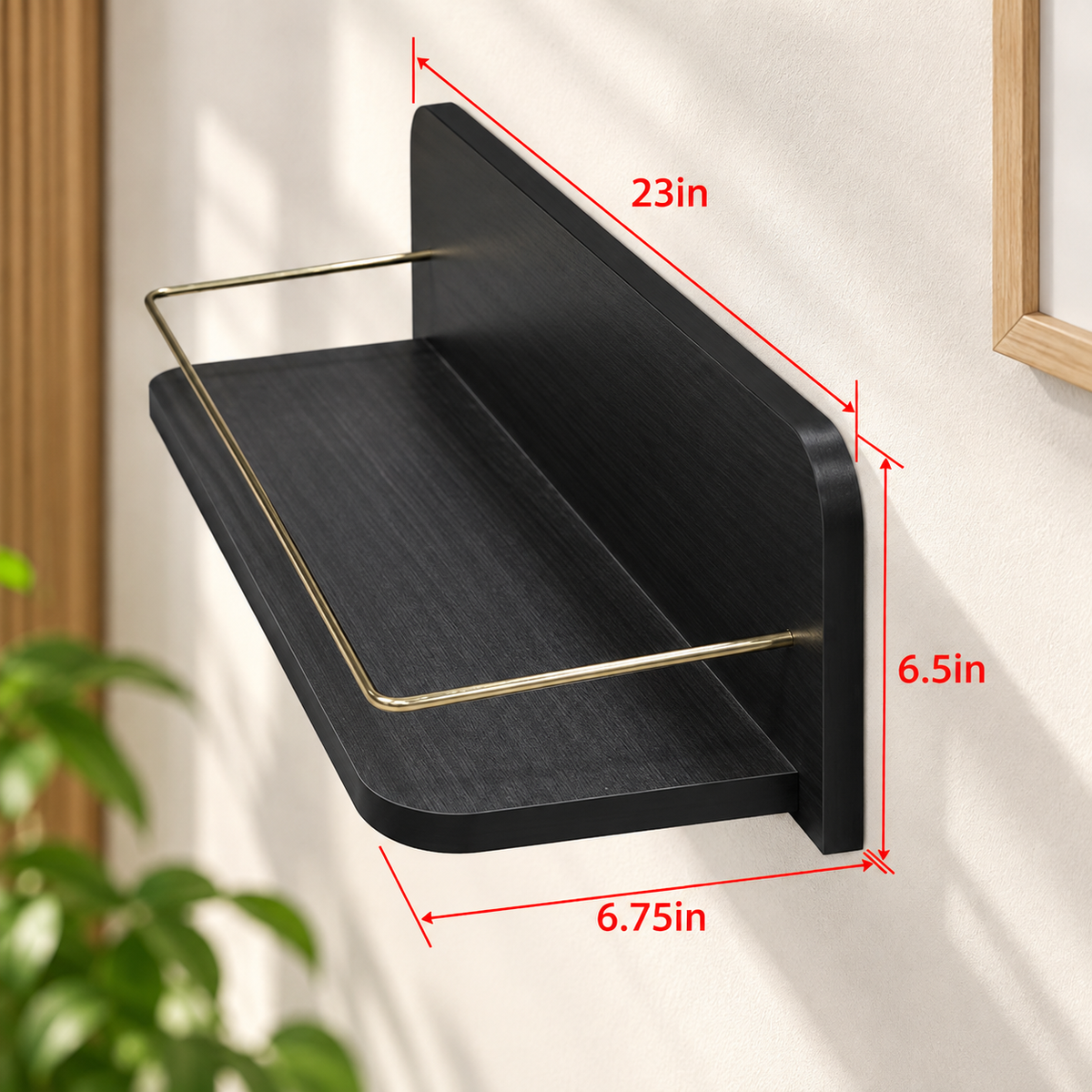 Modern Black Wall Shelf with Gold Rail
