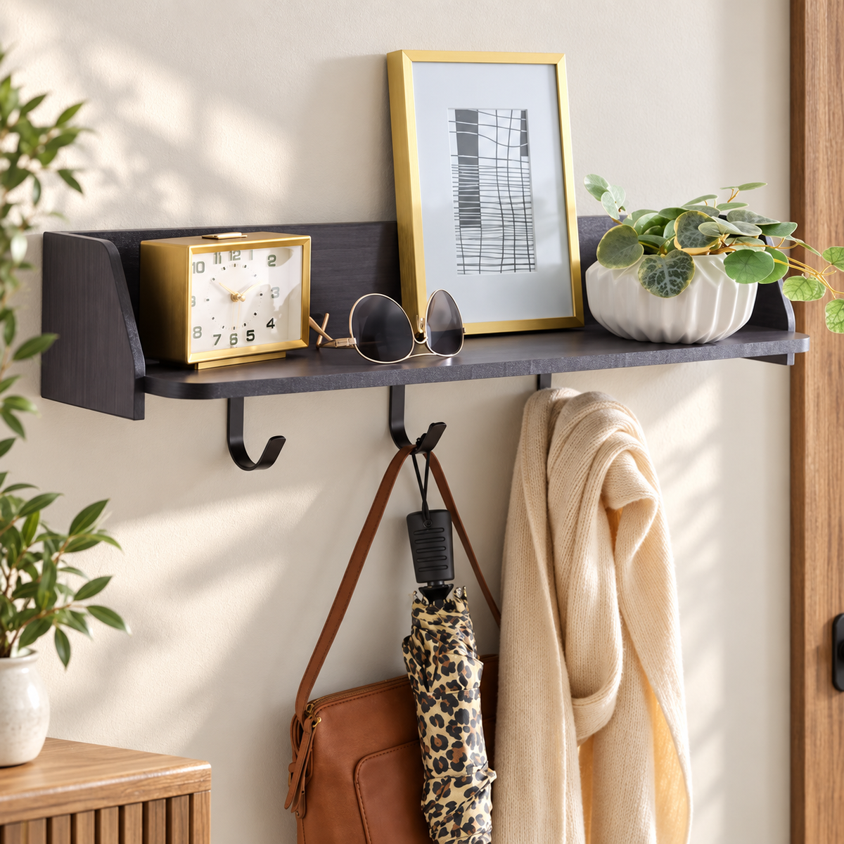 28-Inch Floating Wall Shelf with 3 Hooks