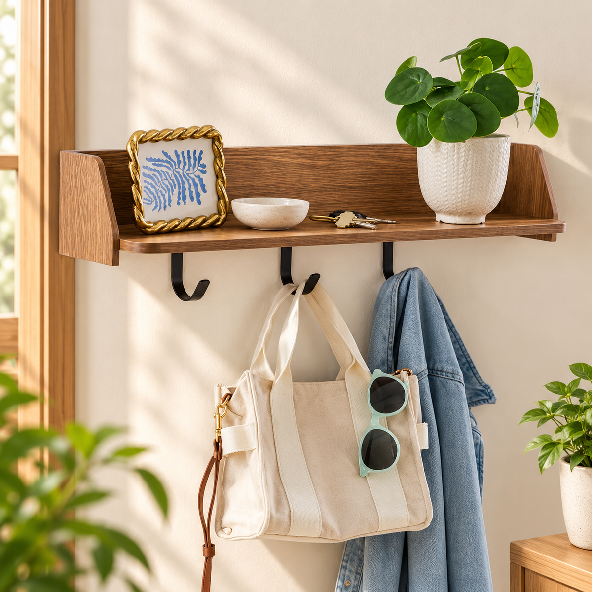 28-Inch Floating Wall Shelf with 3 Hooks