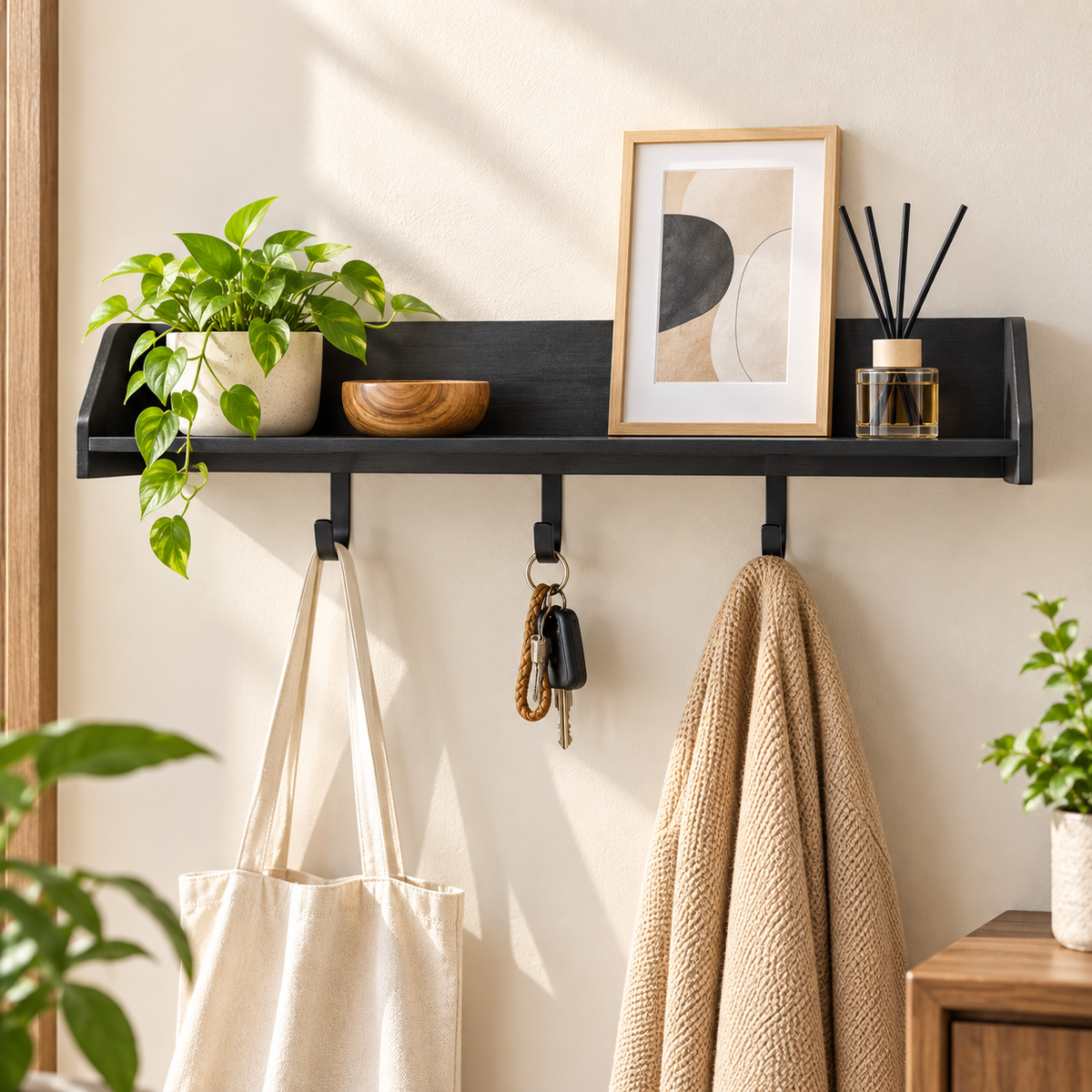 28-Inch Floating Wall Shelf with 3 Hooks