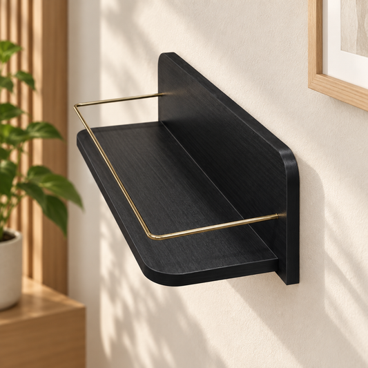 Modern Black Wall Shelf with Gold Rail